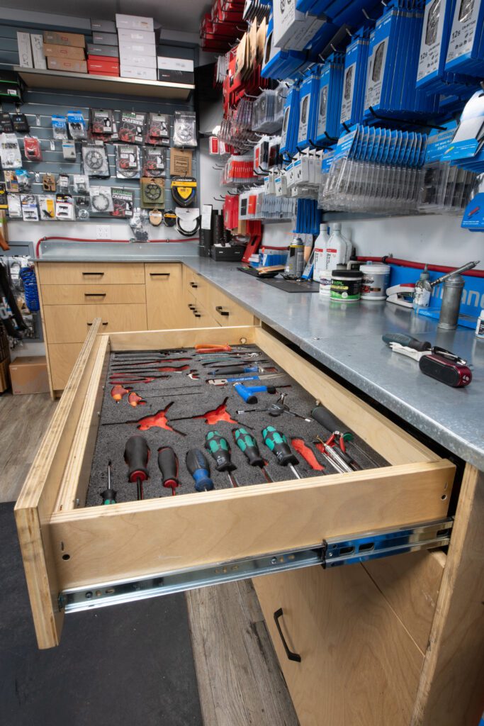 Workbench and custom parts storage.
