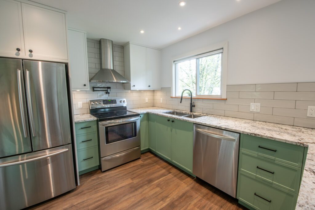 Kitchen cabinets and entryway storage/cabinetry.
