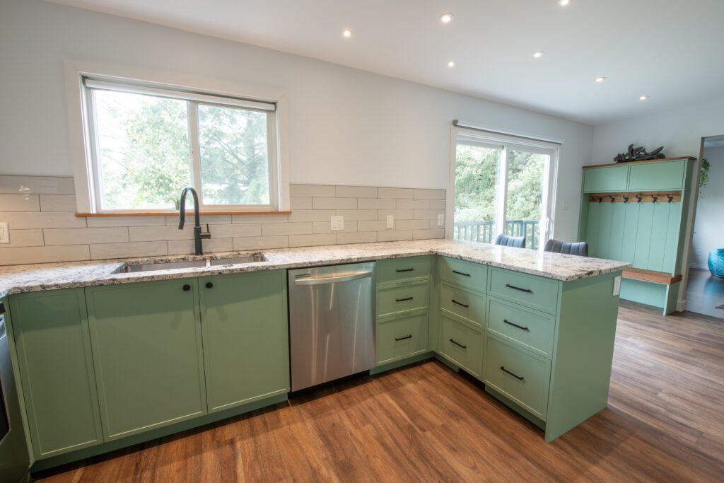 Kitchen cabinets and entryway storage/cabinetry.
