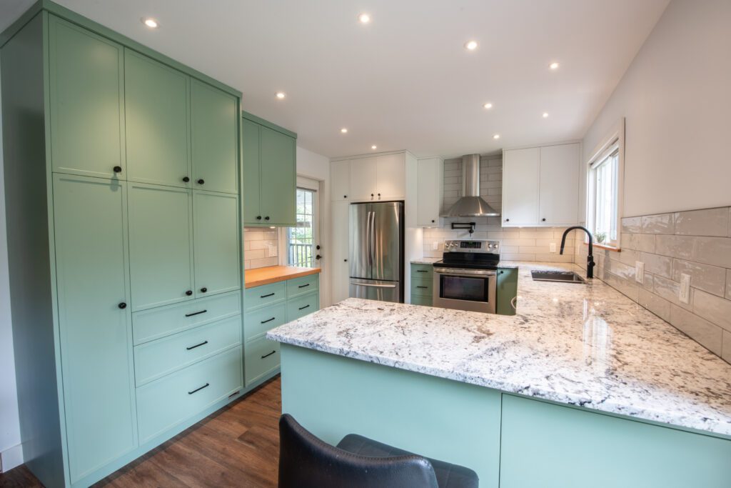 Kitchen cabinets and entryway storage/cabinetry.
