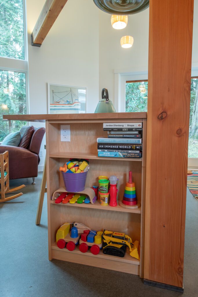 Unique post and beam cabin requiring new kitchen cabinets and bathroom vanity.
