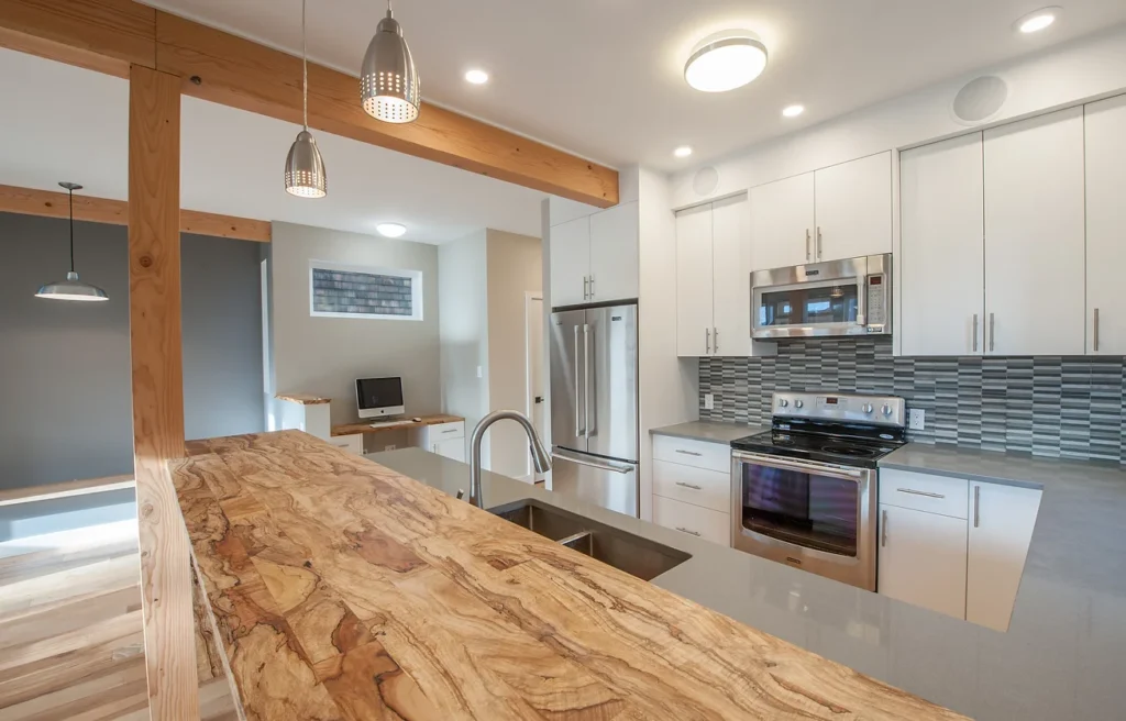 Kitchen cabinetry and built-in bench seating.
