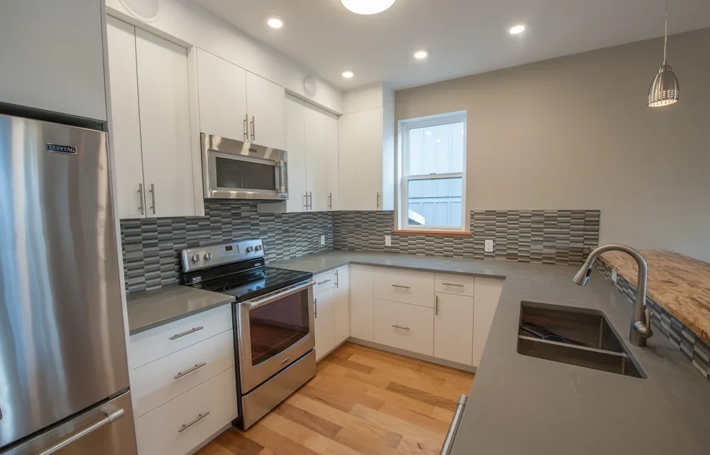 Kitchen cabinetry and built-in bench seating.
